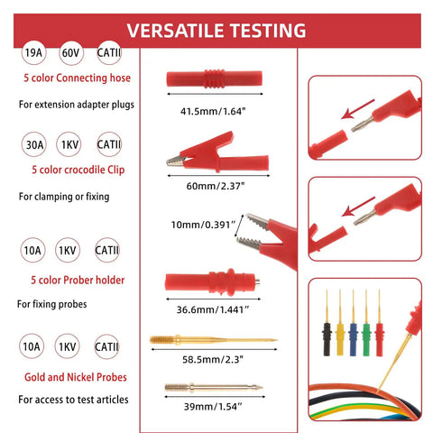 Detailed view of 30Pcs Silicone Banana Plug Test Leads Kit With Stackable 4mm Plugs Threaded Probes Alligator Clips dimensions.