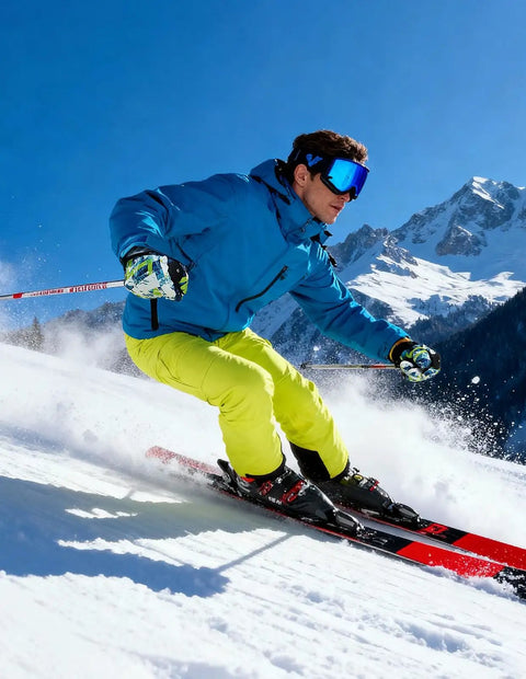Skier wearing Men's Pro Ski Jacket With 15K Waterproof And 10K Breathable Fabric, Insulated Snowboard Coat in blue, Large size