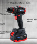 21V Cordless Workhorse Drill With 60Nm Torque And 1750Rpm Variable Speed Running Rock Solid On Dual Lithium Batteries Along With 17 Versatile Bits For No Sweat Diy Crews And Pros featuring keyless chuck, LED light, and variable speed switch.
