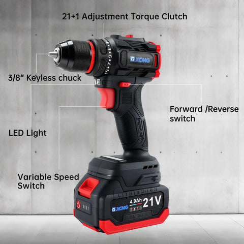 21V Cordless Workhorse Drill With 60Nm Torque And 1750Rpm Variable Speed Running Rock Solid On Dual Lithium Batteries Along With 17 Versatile Bits For No Sweat Diy Crews And Pros featuring keyless chuck, LED light, and variable speed switch.