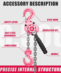 Diagram of Mini Lever Hoist Half Ton 1100 Lbs Capacity 10 Ft Lift Portable Aluminum Ratchet Chain Hoist With G80 Alloy Chain, Pink