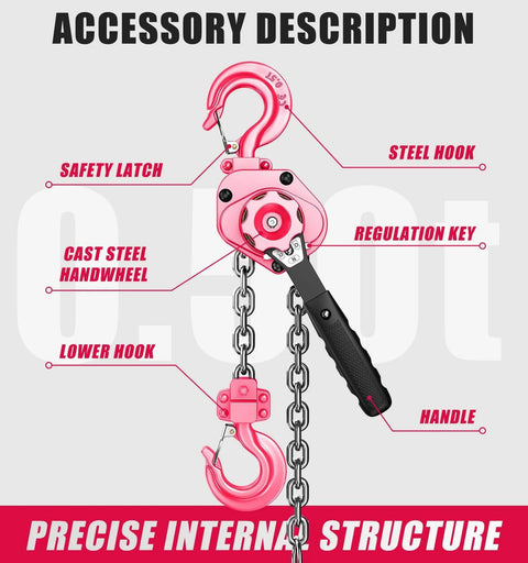 Diagram of Mini Lever Hoist Half Ton 1100 Lbs Capacity 10 Ft Lift Portable Aluminum Ratchet Chain Hoist With G80 Alloy Chain, Pink