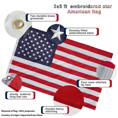 3x5 ft American flag with embroidered stars and durable brass grommets, featured in the Patriotic Flag Pole Kit With 3x5 American Flag 5Ft Heavy Duty Tangle Free Pole Embroidered US Flag Aluminum Mount Bracket Metal Outdoor Flag Pole For House Porch Garden White Finish.