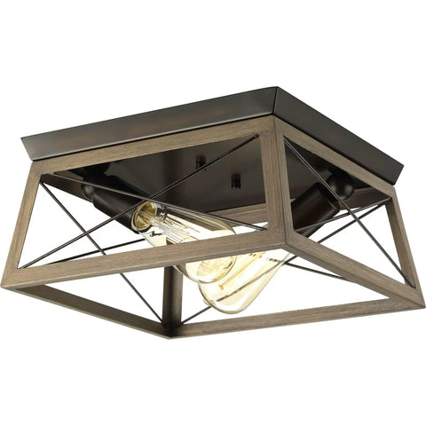 Two-Light Briarwood Flush Mount Ceiling Light In Antique Bronze With Faux Wood Oak Finish, 12 By 6 Inch, angled view