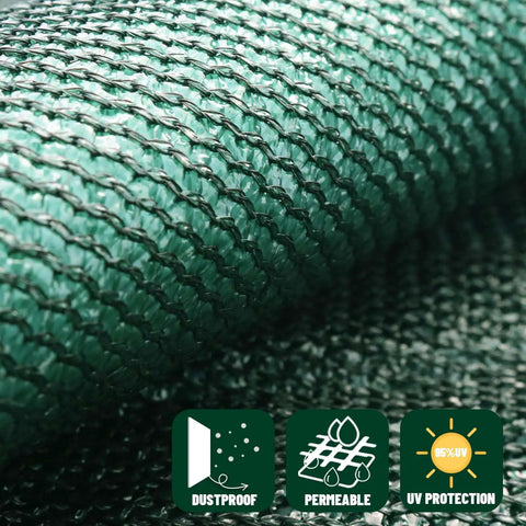 Close-up of Privacy Fence Screen 6 Ft By 50 Ft Dark Green HDPE Mesh Shade Net texture showing weave and features icons.