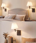 YS.ESUDSI Swing Arm Vintage Wall Sconces with White Fabric Shade Hardwired beside a cozy bed with neutral pillows.