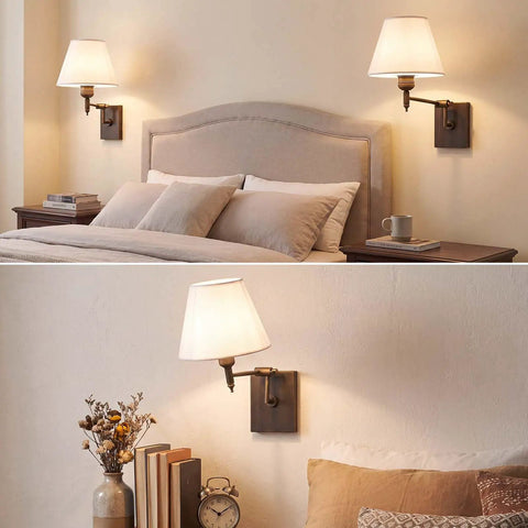 YS.ESUDSI Swing Arm Vintage Wall Sconces with White Fabric Shade Hardwired beside a cozy bed with neutral pillows.