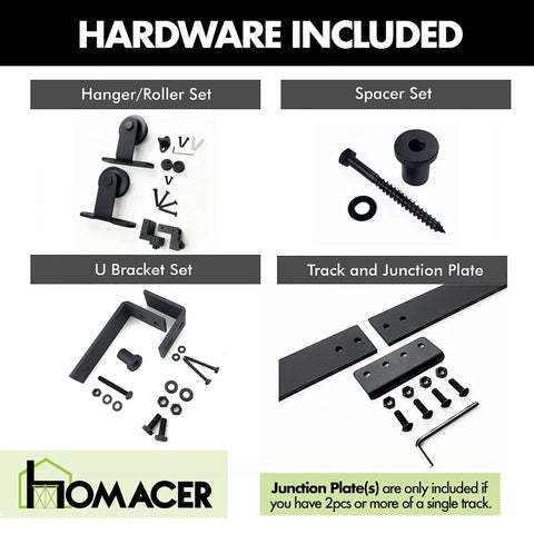 Black Rustic Double Track U Shape Bypass Sliding Barn Door Hardware Kit includes hanger, spacer, bracket, and track sets.