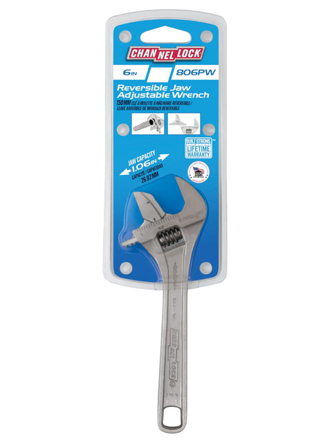 Six Inch Reversible Jaw Adjustable Wrench With Smooth Action, Heavy Duty Alloy Steel in retail packaging