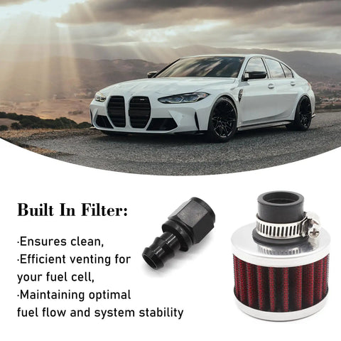 Car with text and 18mm Fuel Cell Breather Vent With 10AN Female Fitting And Air Filter Rebuild Kit for off-road rigs