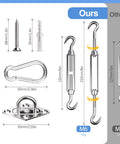 Rock Solid Heavy Duty 6 Inch Sun Shade Sail Hardware Kit Made From 304 Stainless Steel 40 Pieces Ready For Triangle Or Rectangle Outdoor Patio Canopy Garden Install Built To Last With Sturdy Mounting Hardware showing various measurements and weights of components including screws, carabiner, pad eye, and turnbuckle.