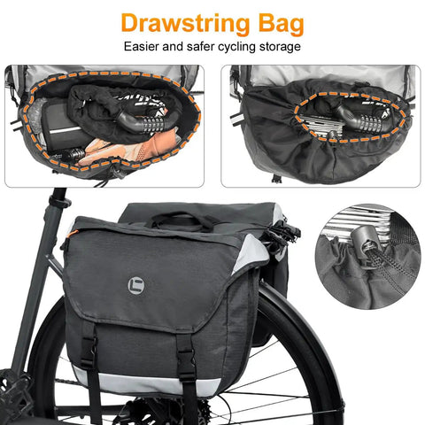 Rear Rack Panniers With 25 To 35 Liter Expandable Capacity Water Resistant Cycling Luggage For Ebike Commuters Dual Compartments With Secure Drawstrings Top Zip Pockets Tool Straps And Reflective Trims For Groceries, showing open compartments with shoes and tools inside, attached to bike rack.
