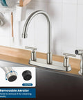 Heavy Duty Two Handle Kitchen Faucet With Pull Down Sprayer And Four Hole Deck Mount In Sleek Brushed Nickel Finish showcasing removable aerator detail.