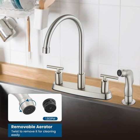 Heavy Duty Two Handle Kitchen Faucet With Pull Down Sprayer And Four Hole Deck Mount In Sleek Brushed Nickel Finish showcasing removable aerator detail.