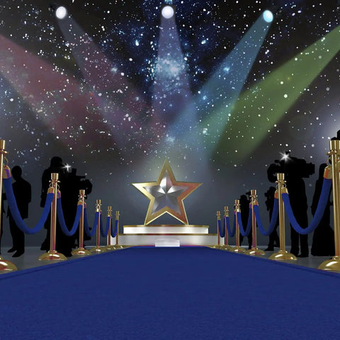 Red carpet event setup with Four Pack Blue Velvet Stanchion Ropes 5 Feet Long With Gold Clasps, star backdrop, and photographers.