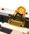 Feather Loc Board Set for Woodworking Table Saws and Engraving Machines doubling as a push block on a workbench with 13 angled fingers