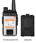 Back view of Upgraded 8W Handheld Ham Radio UV-5R 2nd Gen Two-Pack showing metal front shell and 1800mAh battery details.