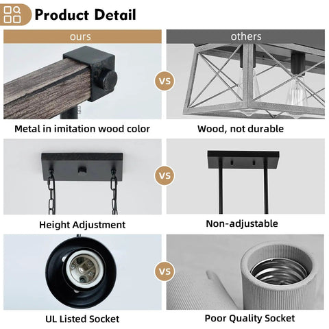 Comparison of Boss Gold Farmhouse Chandelier with six lights showing metal imitation wood color and height adjustment feature