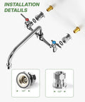 CENOSA Wall Mount Faucet 8" Center, Commercial Sink Faucet with 14" Spout installation details and parts view.