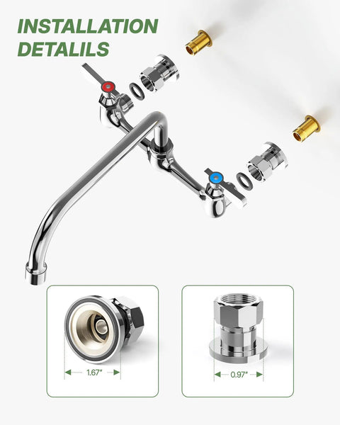 CENOSA Wall Mount Faucet 8" Center, Commercial Sink Faucet with 14" Spout installation details and parts view.