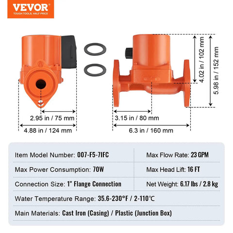 Workhorse Cast Iron Circulation Pump 23 GPM with one inch NPT flange, dimensions and specifications laid out clearly.