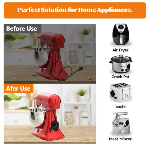 Comparison of red kitchen mixer before and after using Six Piece Appliance Cord Organizer Kit For Kitchen Cords Stick On Cord Wraps