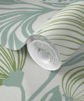 Top Shelf Botanical Modern Wallpaper With A Smooth Matte Linen Texture Pvc Free Heavy Duty Covering For Kitchens Baths Or Hallways Paste To Paper Built Tough For Daily Grind Ordered Fresh Just For You, showcasing rolled wallpaper with green botanical design.