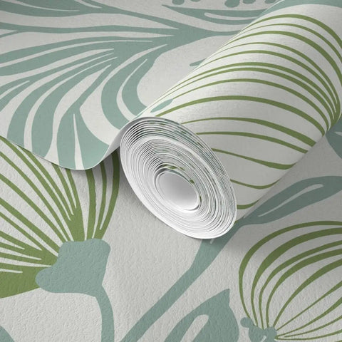 Top Shelf Botanical Modern Wallpaper With A Smooth Matte Linen Texture Pvc Free Heavy Duty Covering For Kitchens Baths Or Hallways Paste To Paper Built Tough For Daily Grind Ordered Fresh Just For You, showcasing rolled wallpaper with green botanical design.
