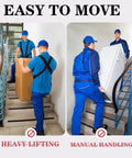 Two workers using Heavy Duty 400W 500W Electric Stair Climbing Dolly With Motorized Wheels Handles to move items upstairs.