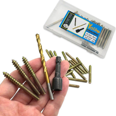 25 Pack 1/4-20 X 2 Inch Hanger Bolts With Rust Proof Zinc Finish Includes Steel Driver And HSS Drill Bit on hand