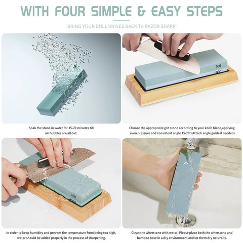Image showing Pro Grade Knife And Axe Sharpening Stone Set With Four Sides Grit 400 1000 And 3000 8000 Plus Bamboo Base in use.