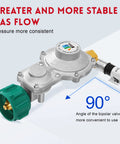 GasSaf propane regulator with hose, 3 ft, 2-stage, 90-degree outlet, metal body and green connector