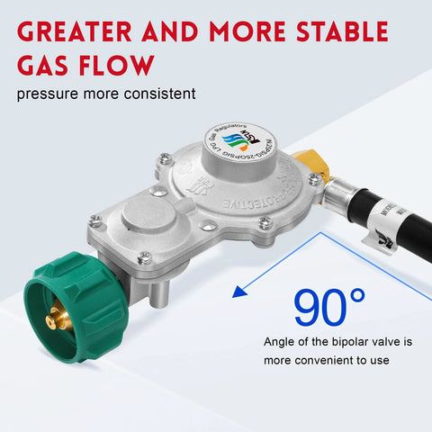 GasSaf propane regulator with hose, 3 ft, 2-stage, 90-degree outlet, metal body and green connector