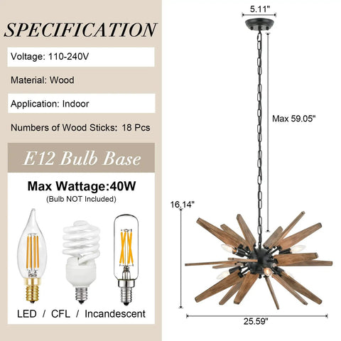 Wood Sputnik Chandelier With 6 Lights Dope Rustic Farmhouse Pendant dimensions and specifications overview