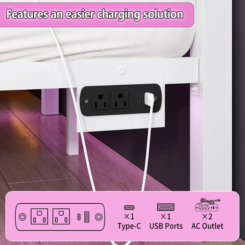 Sleek White Full Size Bed Frame With Built In Led Accents And Dual Usb Ports, showing two AC outlets and USB ports.