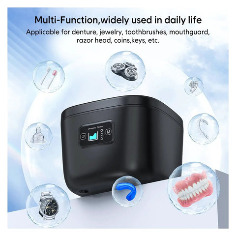 No Sweat Ultrasonic Cleaner For Jewelry Watches And Dentures High Frequency Automatic Bubble Wash Machine in matte black with bubble effects.