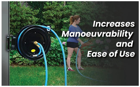 Beefed Up Heavy Duty 20 Gauge Steel Universal Hose Reel Swivel Mount used outdoors, showing 140 degree pivot in action