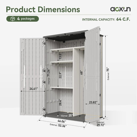 Outdoor Resin Storage Shed With Floor And Metal Shelving Kit 64 Cu Ft Waterproof Vertical Cabinet open showing interior shelves