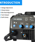 Gasless MIG Welder Flux Core 110V 130Amp controls panel with voltage, wire feed adjustments, and torch and earth clamp outlets.