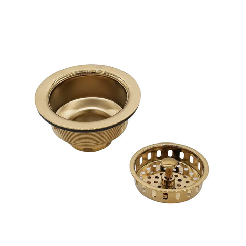 Post Style Kitchen Sink Basket Strainer And Extra Deep Collar Waste Disposal Flange Combo Fits Three And A Half Inch Openings Solid Brass Construction Polished Brass Finish Includes Strainer Stopper Quick Install For A Leak Free No Fuss Drain Upgrade