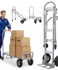 Aluminum Industrial Dolly Convertible Hand Truck With Two To Four Wheel Setup in use with boxes, rust proof cargo cart.