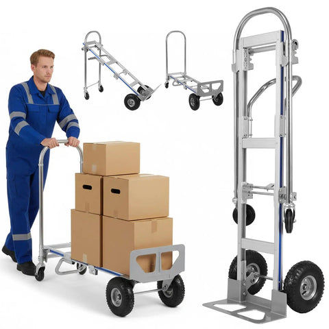 Aluminum Industrial Dolly Convertible Hand Truck With Two To Four Wheel Setup in use with boxes, rust proof cargo cart.