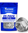 Tough As Nails Serrated Flange Nuts 3/8 Inch 24 Thread 18 8 Stainless Steel Hex Lock Hardware 25 Pack in blue packaging with a single nut.