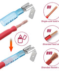 Close-up of 60Pcs Heat Shrink Piggyback Spade Connectors Kit with color-coded terminals showing suitable wire types.