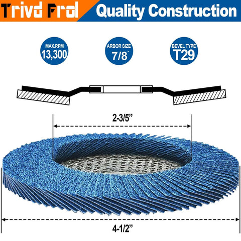 40-pack flap discs for angle grinder, 4-1/2 in diameter, 7/8 in arbor, blue T29 bevel zirconia abrasive