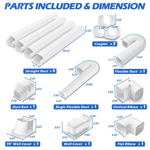 Diagram showing parts and dimensions of 3 Inch 17 Feet Mini Split Line Set Cover Kit, including straight, flexible ducts and connectors.