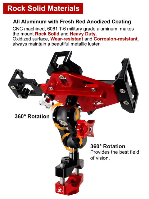 All Metal Motorcycle Phone Mount Is A Beast Mode Rig With CNC 6061 Aluminum And Stainless Steel Hardware giving you rock solid anti theft security on Harley Davidson compatible 18 to 32mm handlebars in red, showcasing 360-degree rotation.