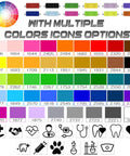Color and icon options for custom embroidered lab coat with icons and name text, unisex white long sleeve medical coat, multiple choices