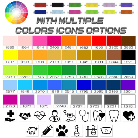 Color and icon options for custom embroidered lab coat with icons and name text, unisex white long sleeve medical coat, multiple choices