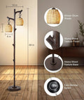 68 Inch Farmhouse Floor Lamp With Tree Trunk Faux Wood Column Dark Bronze Wicker Drum Shade Rustic Country Cottage Decor For Living Room Bedroom Reading Nook Cozy Vibe with detailed features highlighted